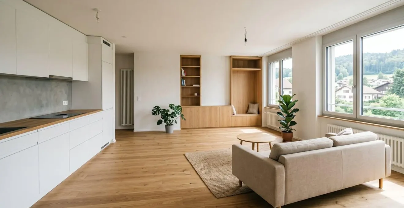 Vue d'ensemble d'un appartement locatif moderne en Suisse avec cuisine intégrée, parquet en bois et espaces de vie lumineux
