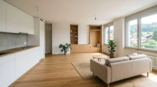 Vue d'ensemble d'un appartement locatif moderne en Suisse avec cuisine intégrée, parquet en bois et espaces de vie lumineux