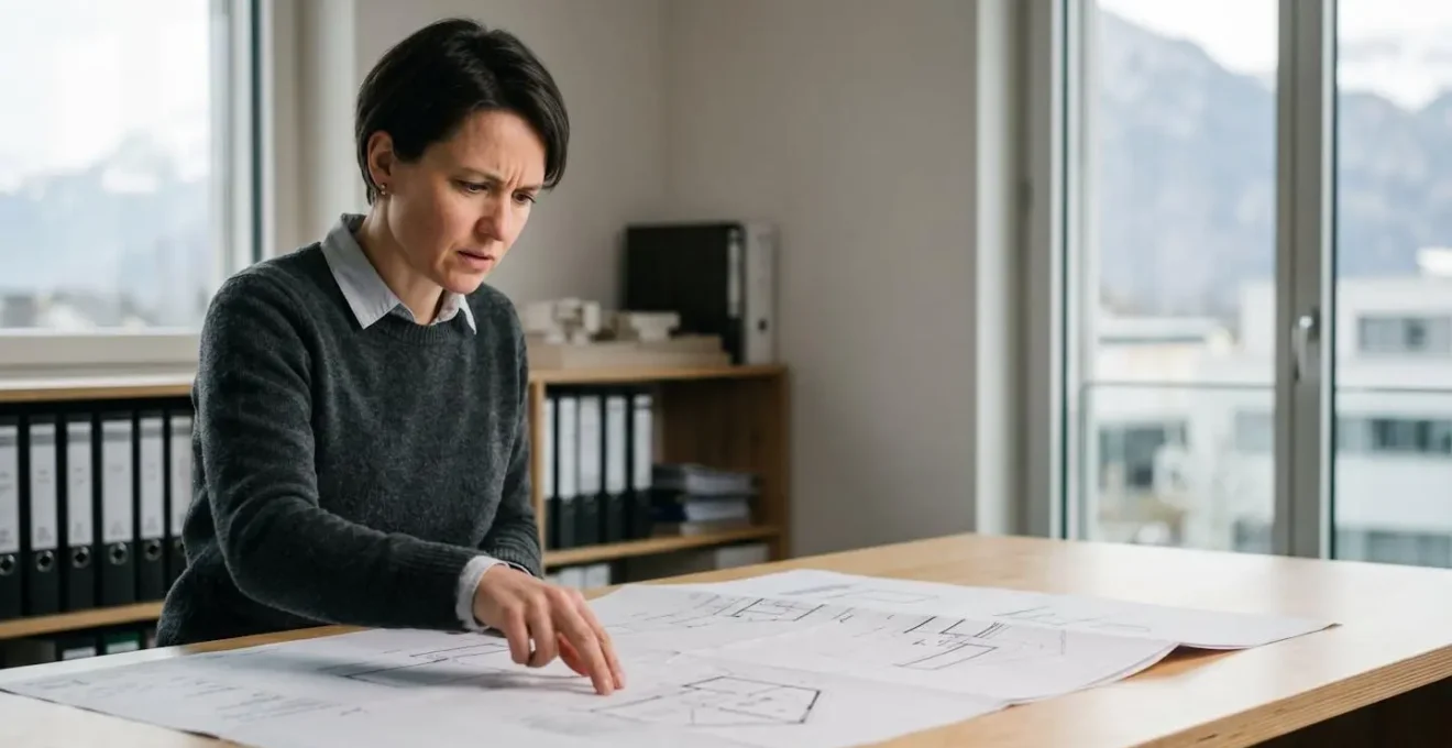 Architecte examinant des plans de construction avec attention dans un environnement professionnel suisse