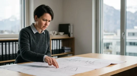 Architecte examinant des plans de construction avec attention dans un environnement professionnel suisse