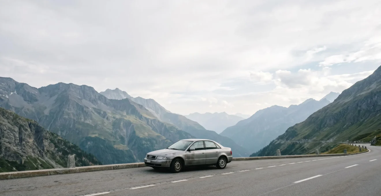 Panorama de route suisse avec véhicule en situation de panne sur fond alpin