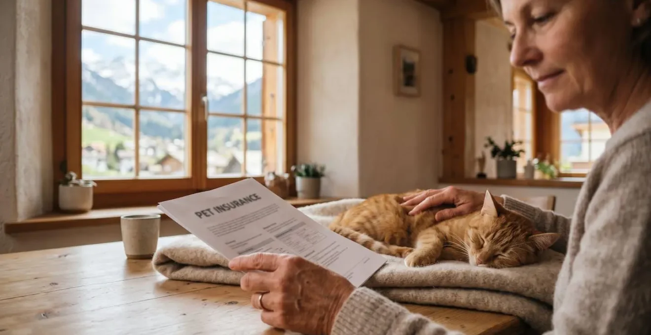 Propriétaire d'animal de compagnie consultant des documents d'assurance dans un environnement suisse