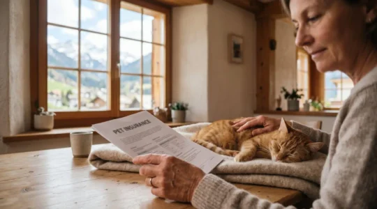 Propriétaire d'animal de compagnie consultant des documents d'assurance dans un environnement suisse