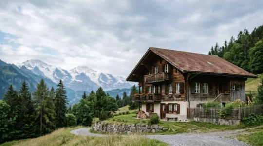 Vue architecturale d'un bâtiment suisse traditionnel avec toiture en tuiles et façade blanche, symbolisant la protection patrimoniale
