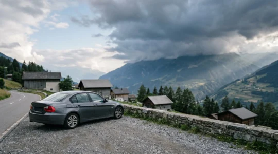Voiture d'occasion stationnée sous un ciel menaçant avec grêlons, illustrant les risques couverts par l'assurance casco partielle en Suisse
