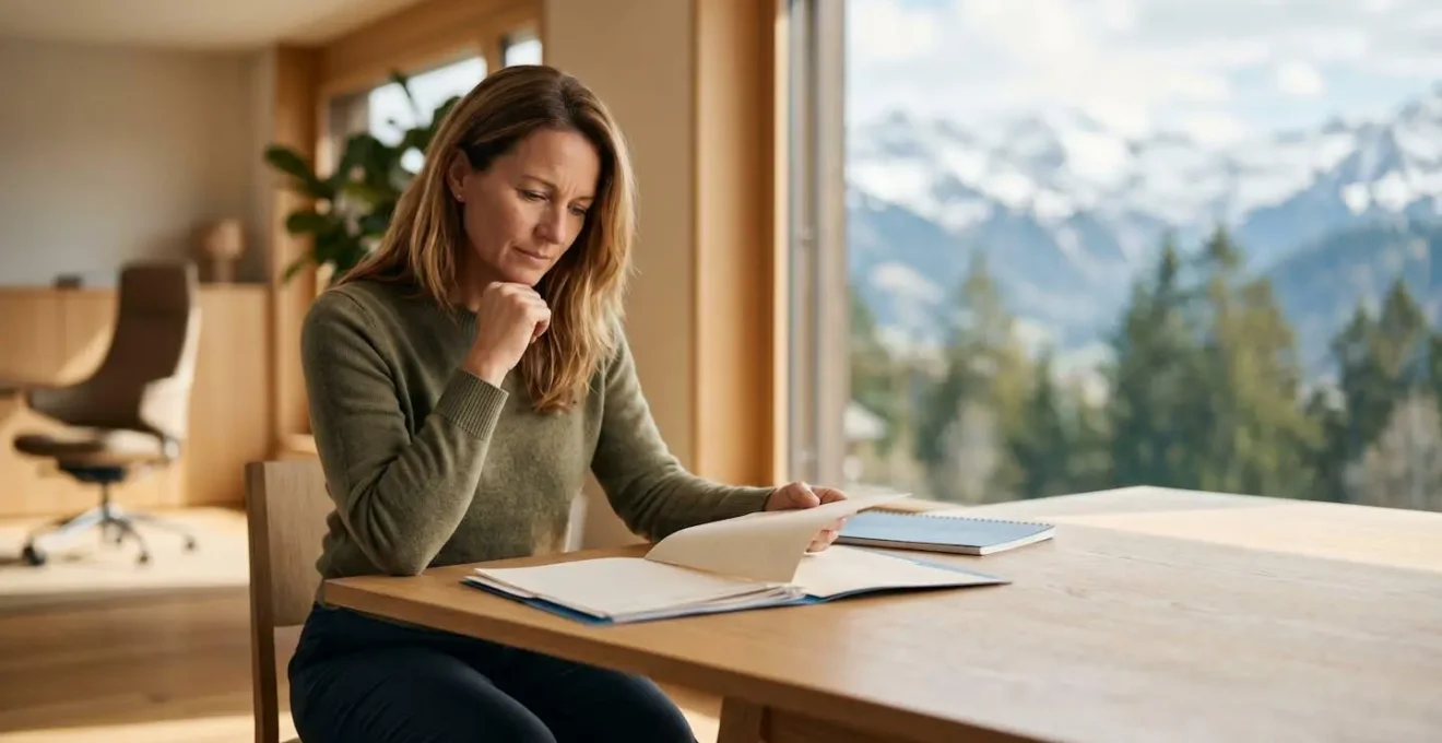Chef d'entreprise suisse examinant des documents d'assurance dans un bureau moderne avec vue sur les Alpes