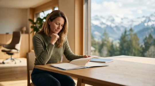 Chef d'entreprise suisse examinant des documents d'assurance dans un bureau moderne avec vue sur les Alpes