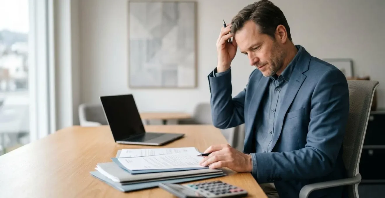 Dirigeant de PME analysant des documents d'assurance avec calculatrice et dossiers sur bureau moderne en Suisse
