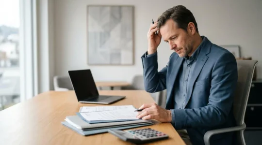 Dirigeant de PME analysant des documents d'assurance avec calculatrice et dossiers sur bureau moderne en Suisse