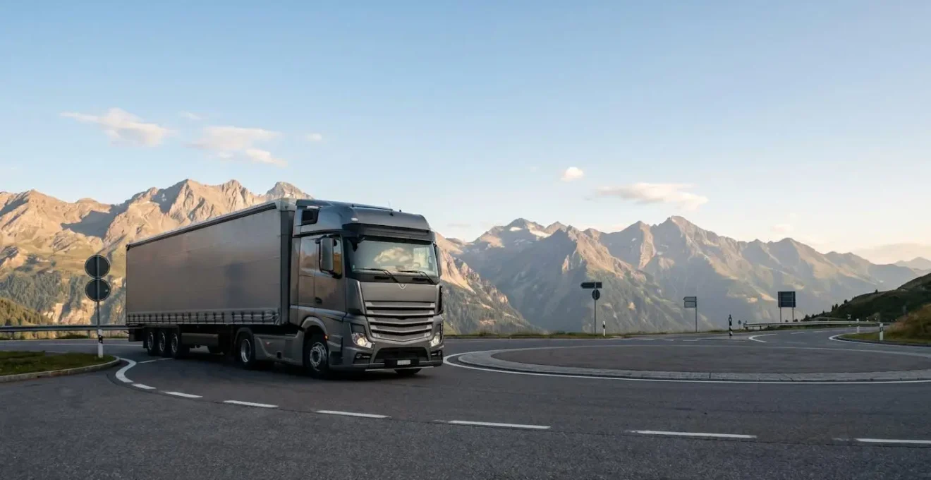 Camion de transport de marchandises sur une route alpine suisse avec dispositifs de sécurité