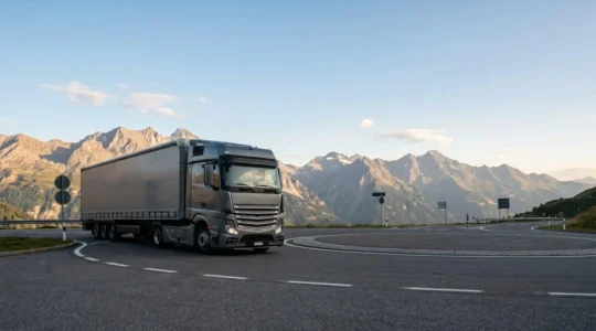 Camion de transport de marchandises sur une route alpine suisse avec dispositifs de sécurité