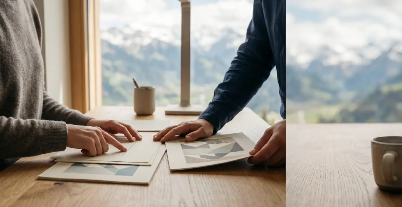 Personne analysant des documents d'assurance dans un environnement helvétique moderne