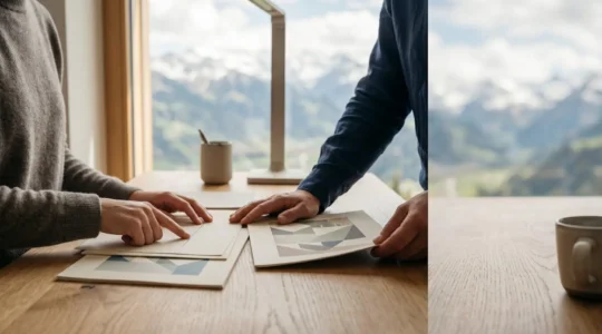 Personne analysant des documents d'assurance dans un environnement helvétique moderne