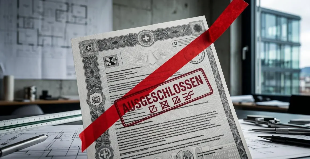 Document contractuel de construction avec symbole d'exclusion et normes techniques suisses