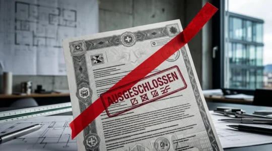 Document contractuel de construction avec symbole d'exclusion et normes techniques suisses