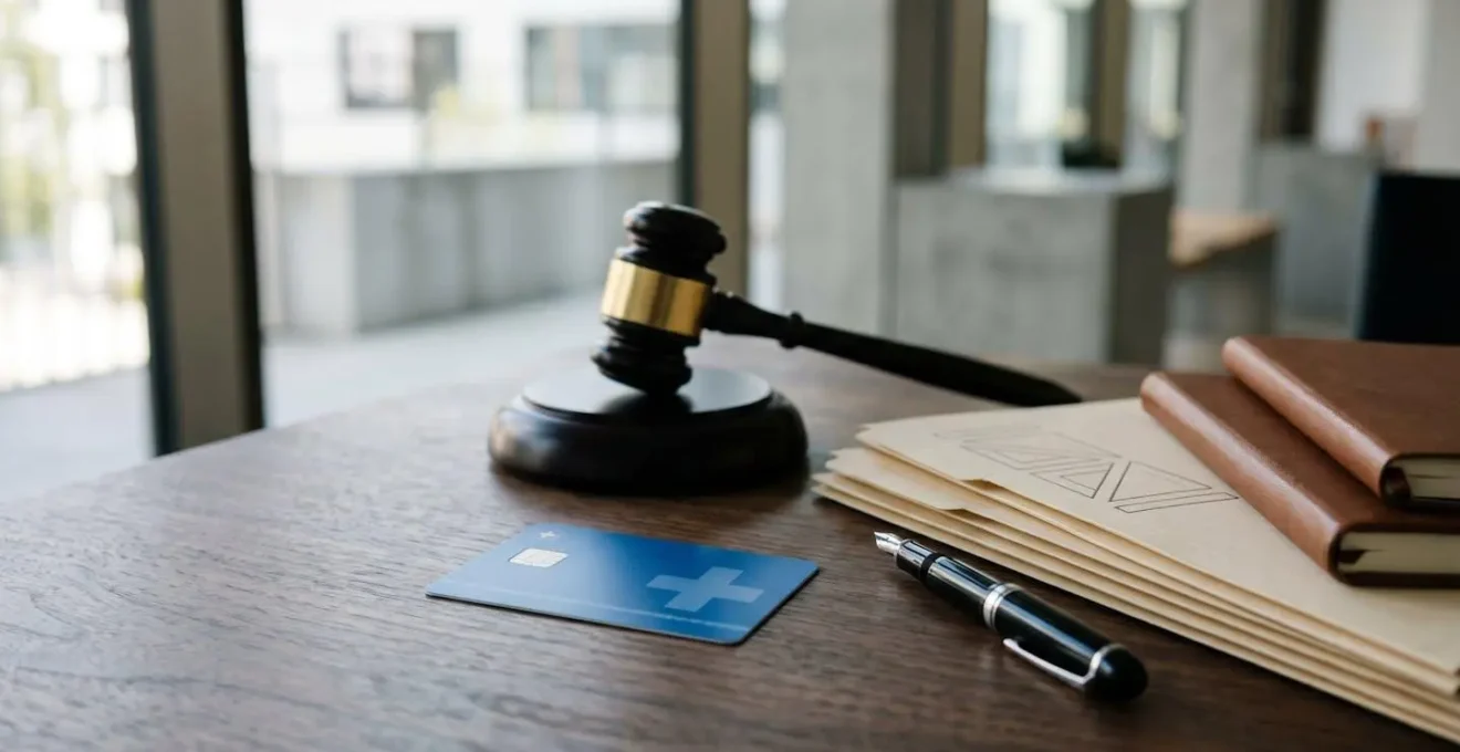 Scène dramatique montrant un permis de conduire suisse entouré de documents juridiques et d'un marteau de juge, symbolisant la protection juridique face aux infractions routières