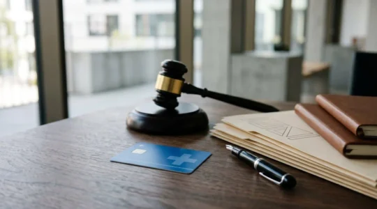Scène dramatique montrant un permis de conduire suisse entouré de documents juridiques et d'un marteau de juge, symbolisant la protection juridique face aux infractions routières