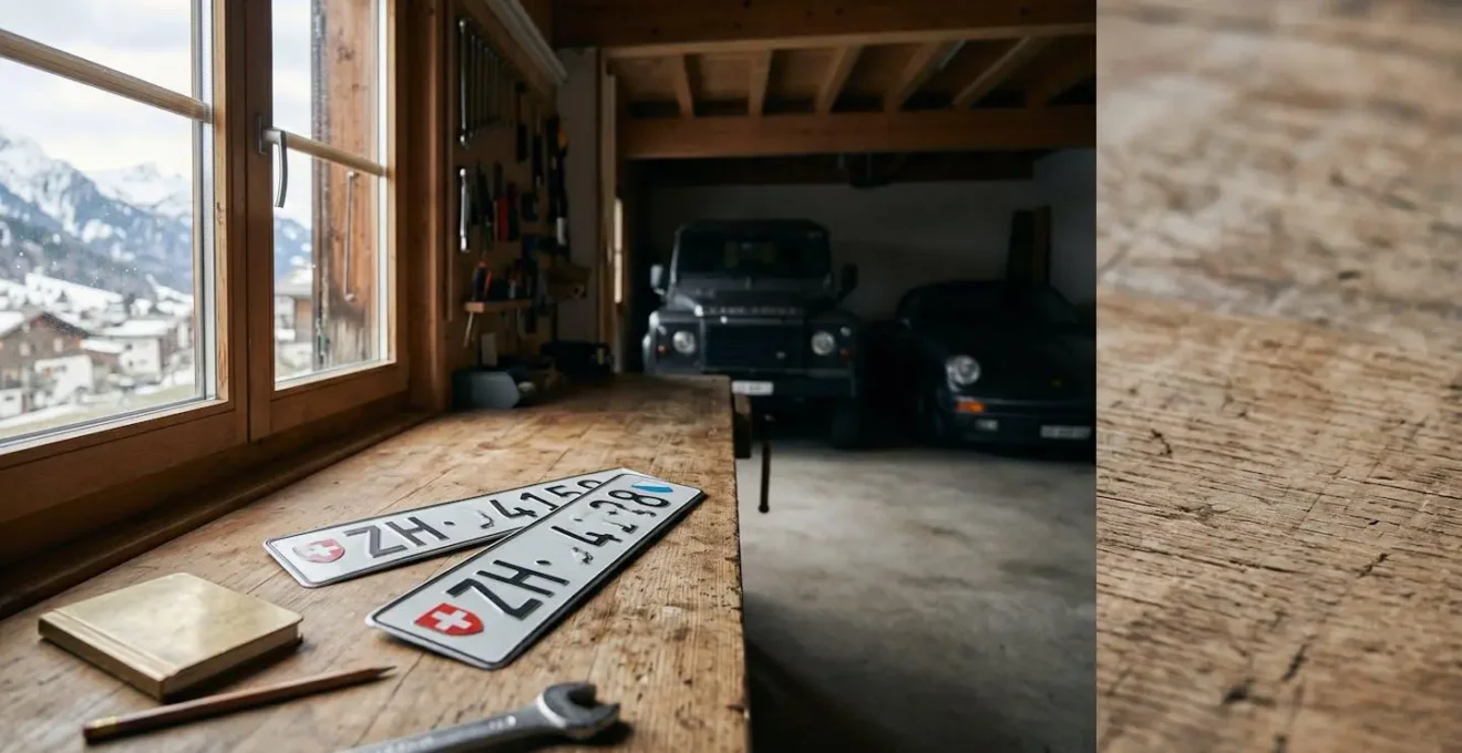 Plaques d'immatriculation suisses interchangeables sur fond alpin illustrant l'économie pour les automobilistes