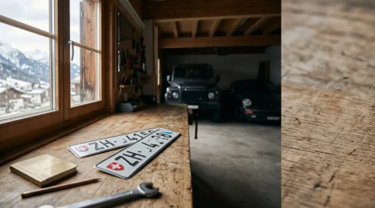 Plaques d'immatriculation suisses interchangeables sur fond alpin illustrant l'économie pour les automobilistes
