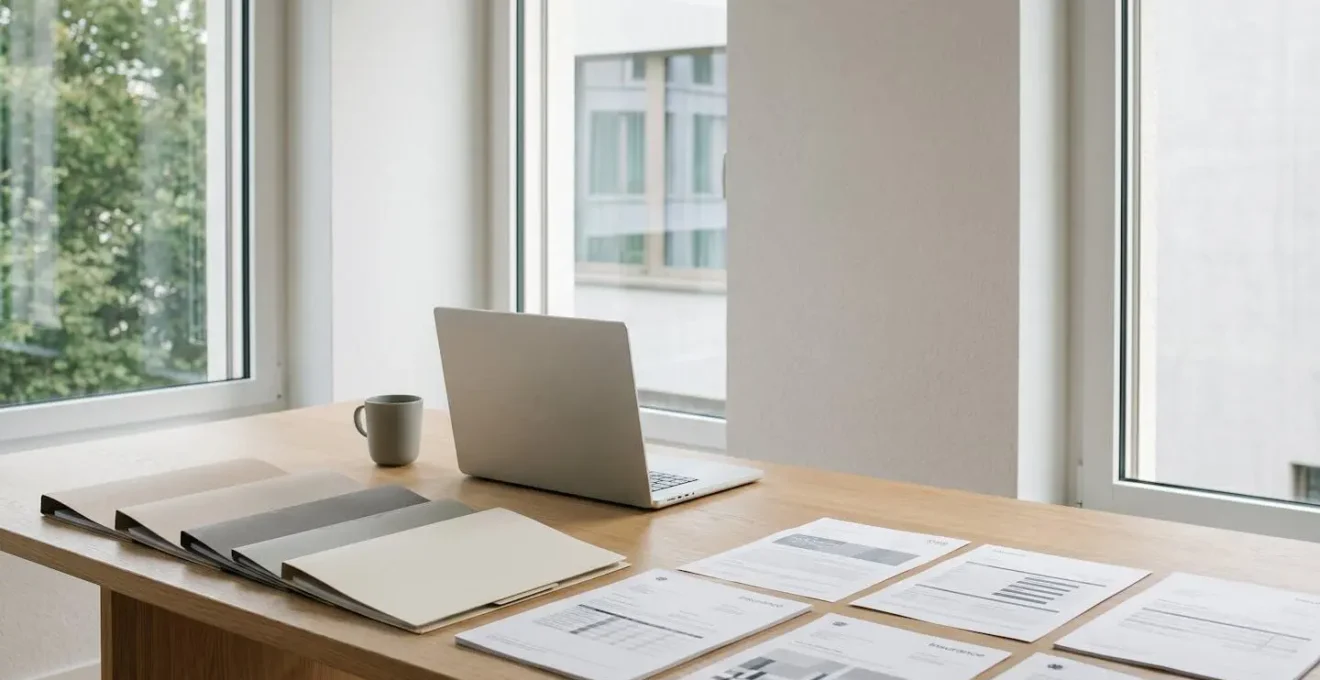 Professionnel organisant des documents d'assurance dans un espace de travail moderne et épuré en Suisse