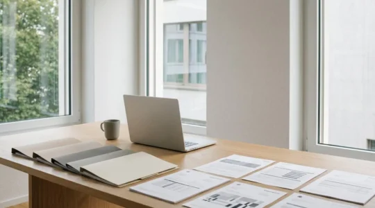 Professionnel organisant des documents d'assurance dans un espace de travail moderne et épuré en Suisse