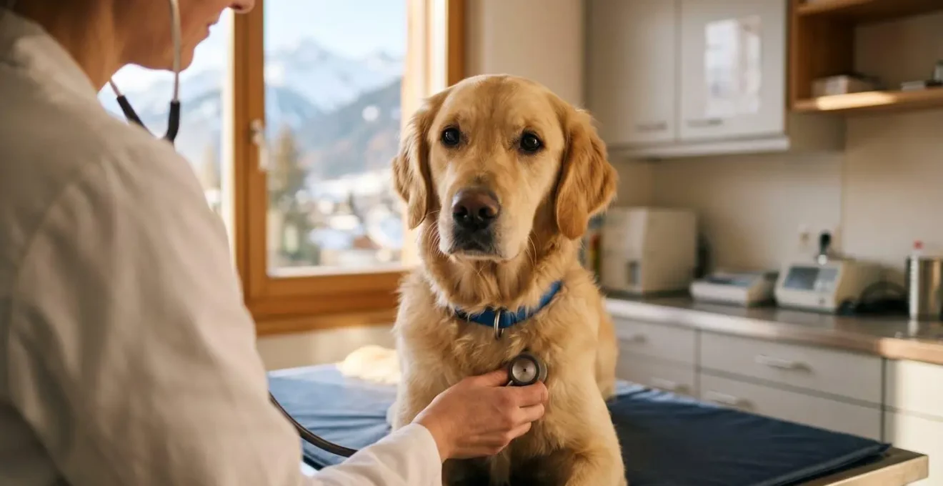 Un chien golden retriever lors d'une consultation vétérinaire en Suisse, illustrant la question de la rentabilité d'une assurance animaux