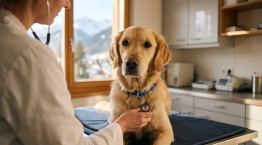Un chien golden retriever lors d'une consultation vétérinaire en Suisse, illustrant la question de la rentabilité d'une assurance animaux
