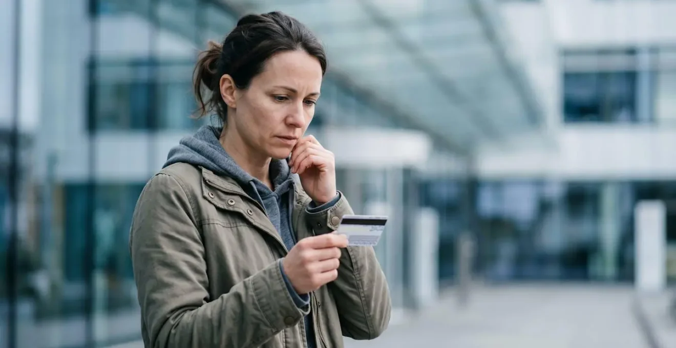 Une personne en voyage tenant avec anxiété une carte d'assurance maladie devant un hôpital moderne à l'étranger, symbolisant les limites de couverture