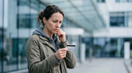 Une personne en voyage tenant avec anxiété une carte d'assurance maladie devant un hôpital moderne à l'étranger, symbolisant les limites de couverture
