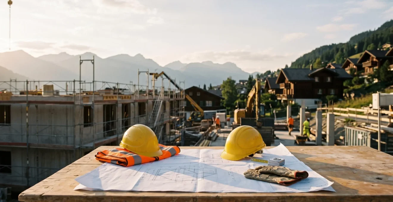 Chantier de construction suisse avec equipements professionnels et documentation de securite