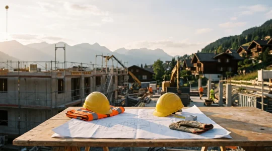 Chantier de construction suisse avec equipements professionnels et documentation de securite