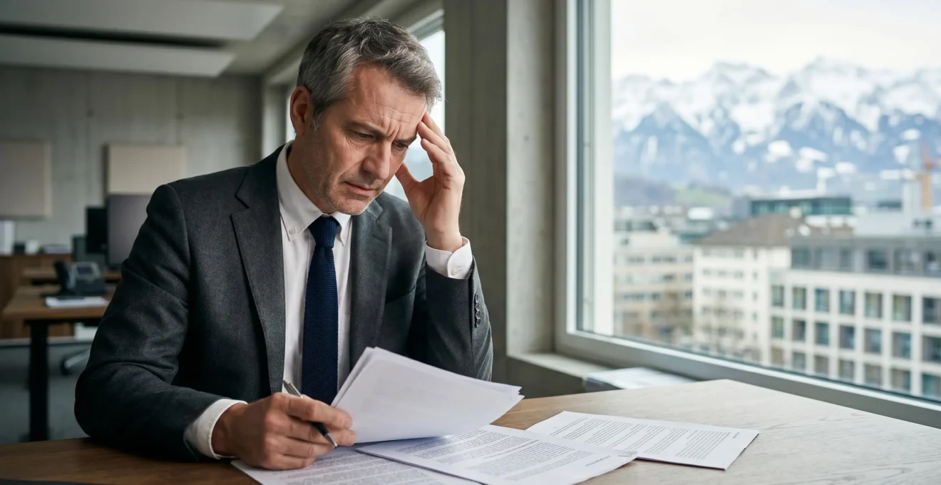 Chef d'entreprise consultant des documents d'assurance responsabilité civile contractuelle dans un bureau moderne en Suisse