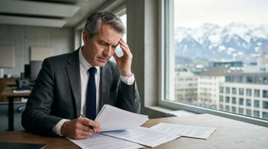 Chef d'entreprise consultant des documents d'assurance responsabilité civile contractuelle dans un bureau moderne en Suisse