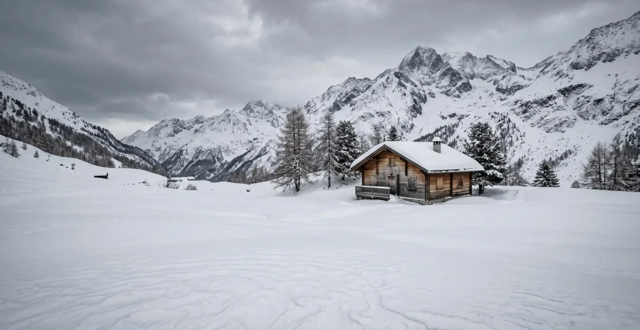 Chalet de montagne suisse paisible pendant l'hiver avec paysage enneigé