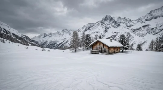 Chalet de montagne suisse paisible pendant l'hiver avec paysage enneigé