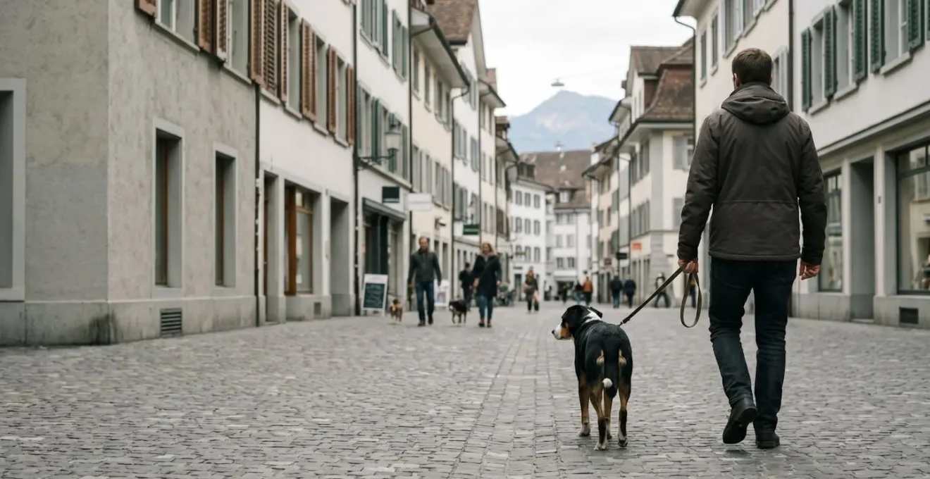 Détenteur de chien en Suisse avec son animal en milieu urbain illustrant la responsabilité civile