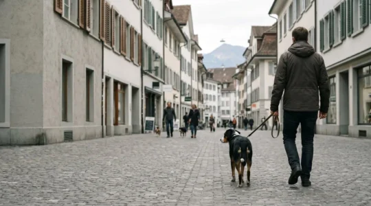 Détenteur de chien en Suisse avec son animal en milieu urbain illustrant la responsabilité civile