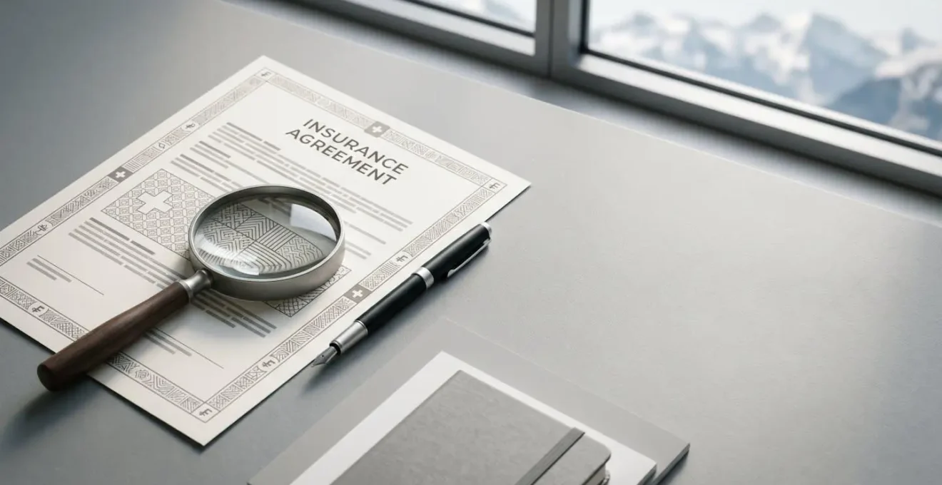 Document de police d'assurance avec loupe révélant des détails importants sur un bureau suisse