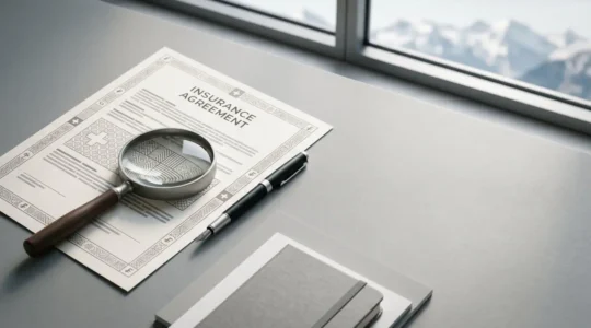 Document de police d'assurance avec loupe révélant des détails importants sur un bureau suisse