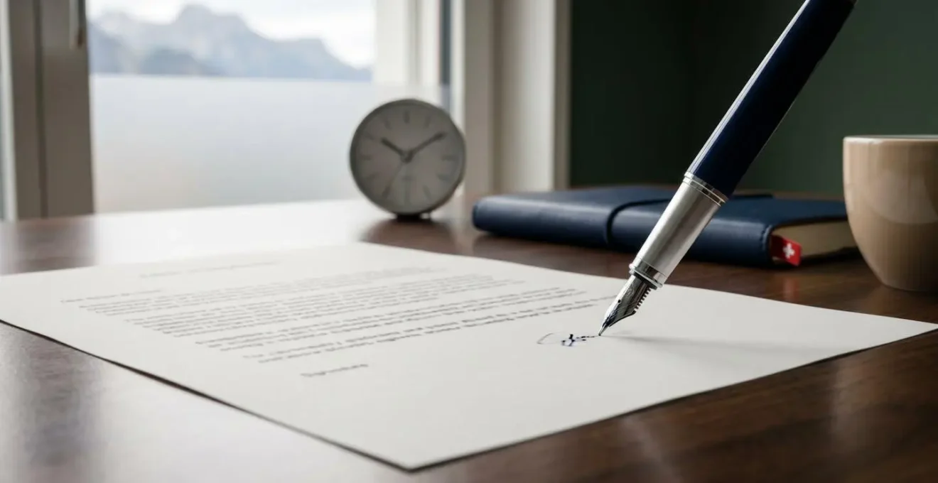 Scène représentant la signature d'un contrat d'assurance en Suisse avec documents et protection des droits