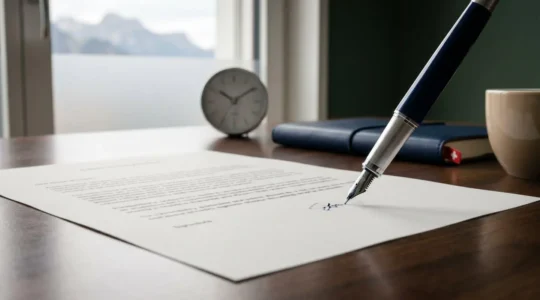 Scène représentant la signature d'un contrat d'assurance en Suisse avec documents et protection des droits