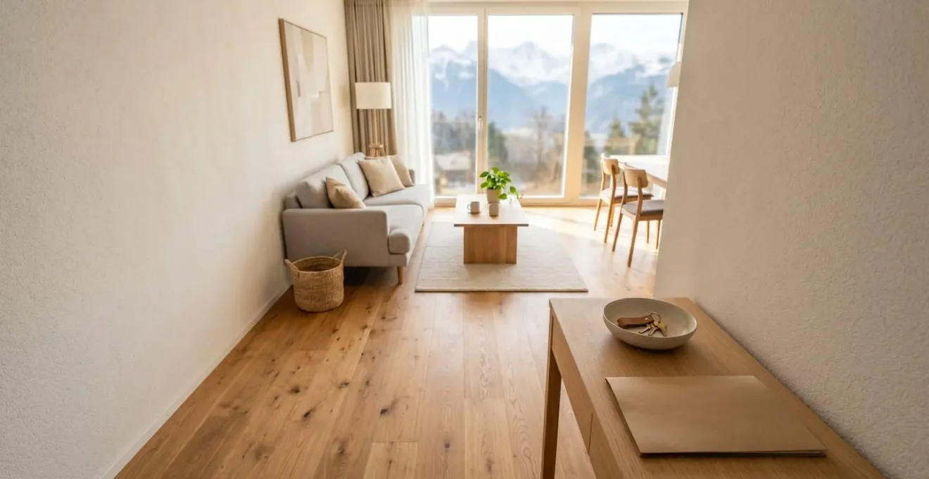 Vue d'ensemble d'un appartement suisse moderne avec des clés et des documents d'assurance, évoquant la protection locative