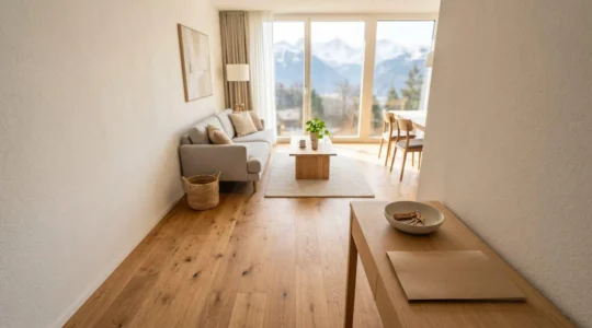 Vue d'ensemble d'un appartement suisse moderne avec des clés et des documents d'assurance, évoquant la protection locative