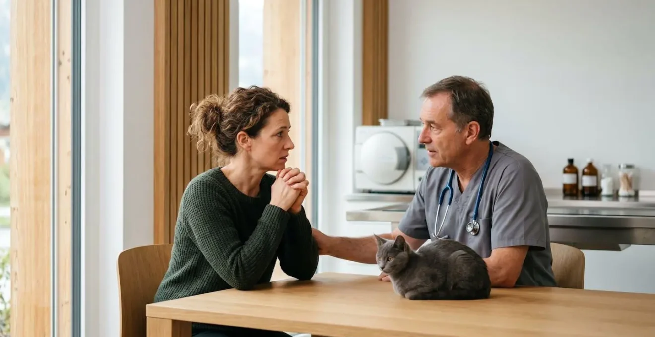 Propriétaire inquiet consultant avec un vétérinaire dans une clinique moderne suisse