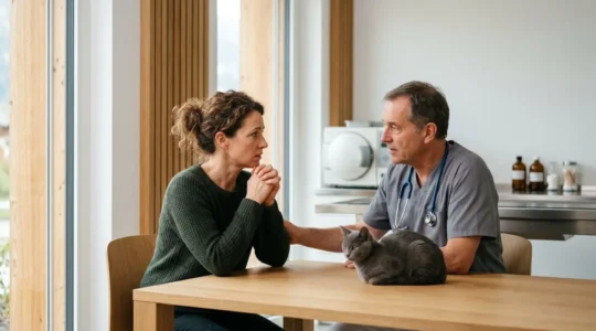 Propriétaire inquiet consultant avec un vétérinaire dans une clinique moderne suisse
