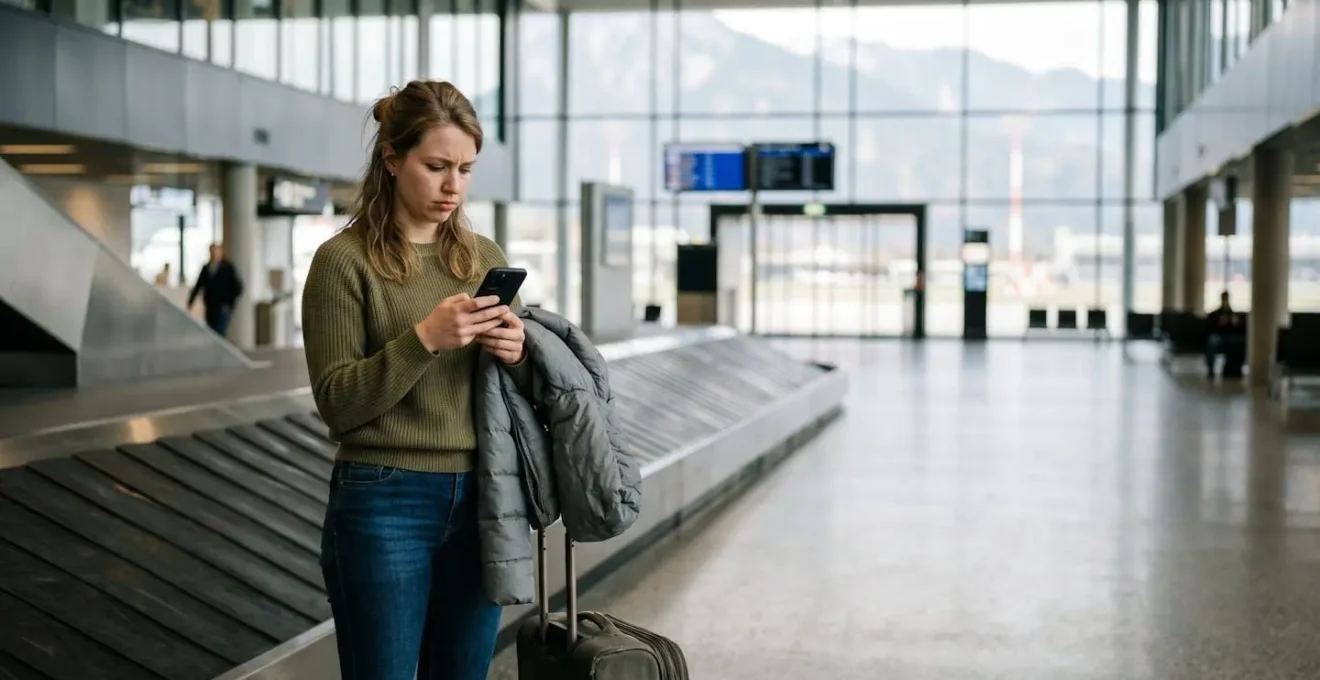 Voyageur dans un aéroport attendant ses bagages perdus avec expression inquiète