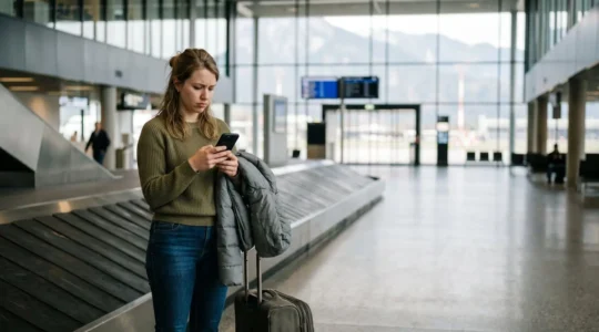 Voyageur dans un aéroport attendant ses bagages perdus avec expression inquiète